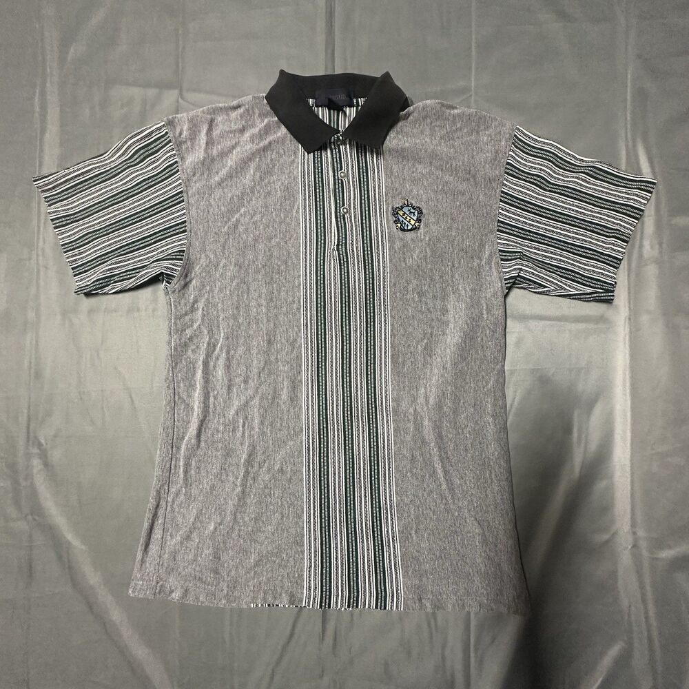 Vintage 90s Antigua Shirt Mens Large Striped Polo Gray Embroidery Golf Button